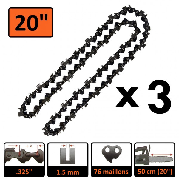 Guide 20 pouces (50 cm) avec lot de 3 chaînes 76 maillons pour tronçonneuse